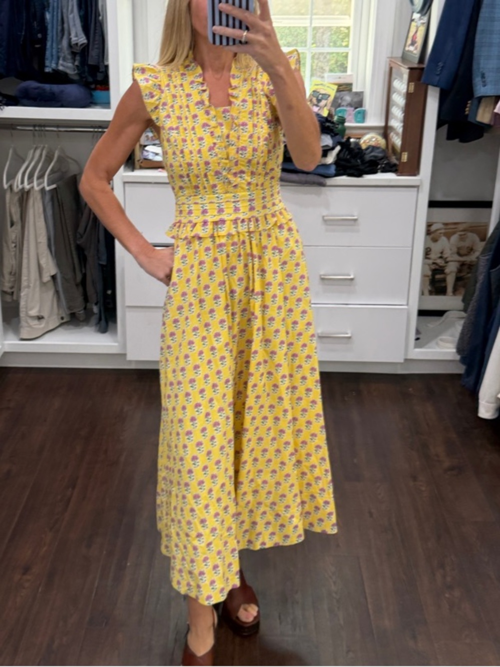 Yellow Floral Midi Dress with Smocked Waist and Cap Sleeves